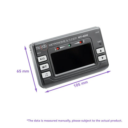 Black plastic mu edo mt-40w wind instrument tuner with pickup clip dual and switchable metronome mode and small screen