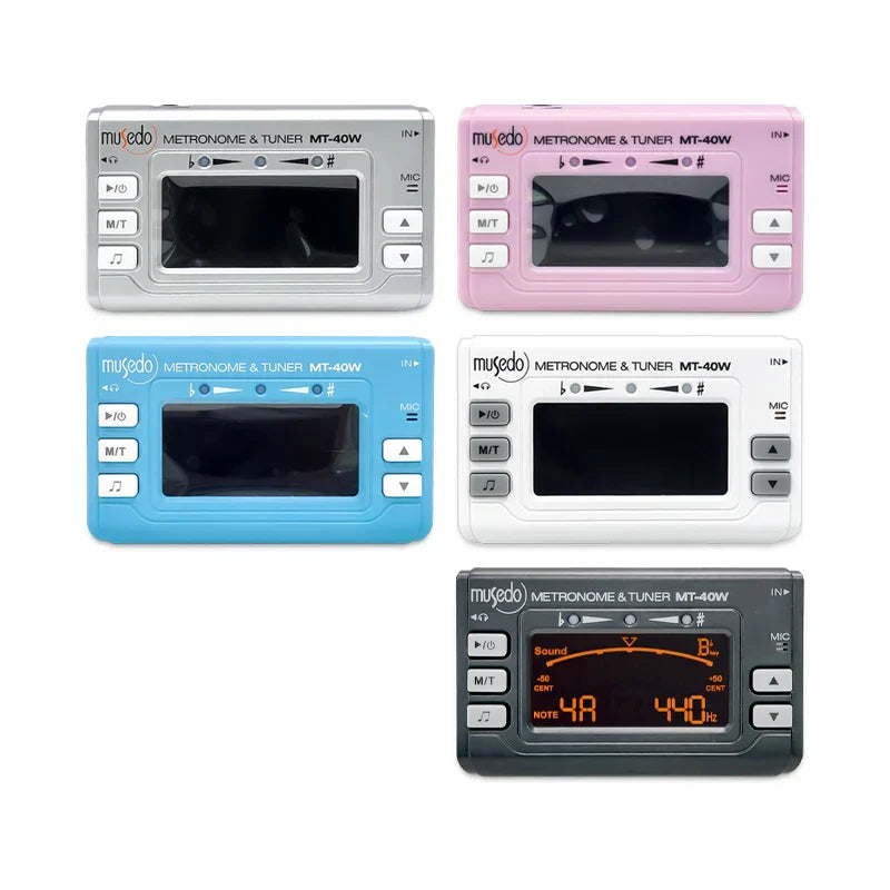 Five musedo mt-40w wind instrument tuner devices in silver pink blue white and black with pickup clip dual and switchable metronome mode