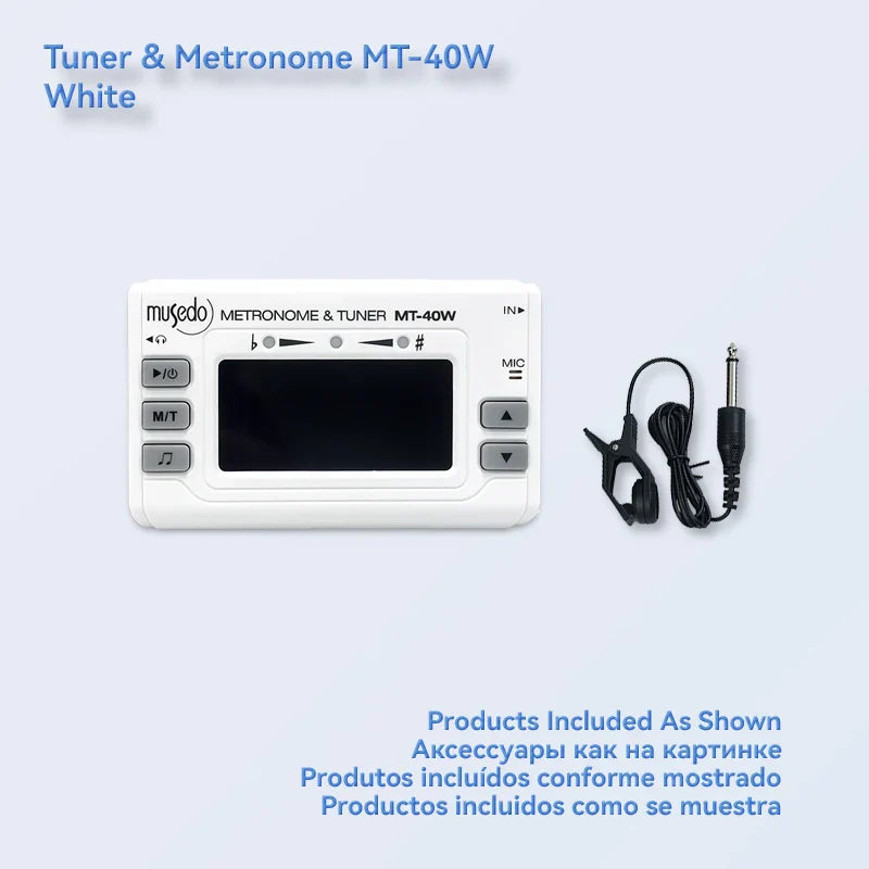 White musedo mt-40w wind instrument tuner with switchable metronome mode pickup clip dual and attached microphone cable