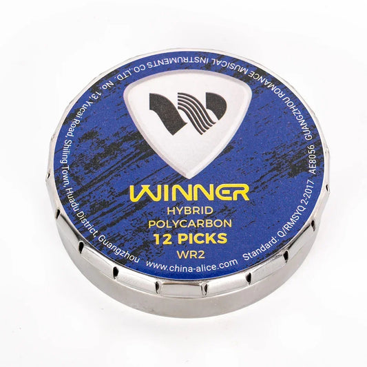 Winner hybrid polycarbon guitar picks 2.0mm in a silver round metal box for acoustic electric guitar accessories