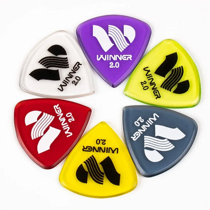 Set of six colorful winner hybrid polycarbon guitar picks with translucent backgrounds for acoustic electric guitar in box guitar accessories