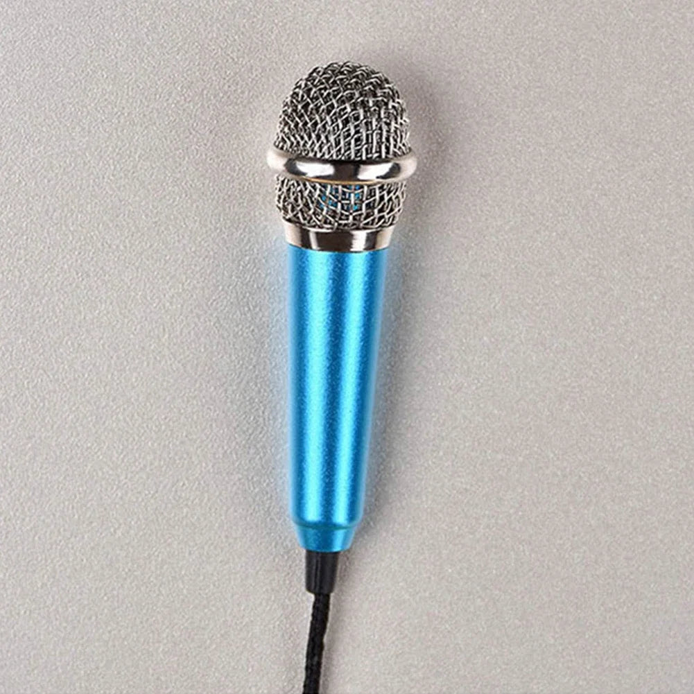 A sleek blue wired 3.5mm stereo studio microphone earphone ktv karaoke mini microfon with silver grille and metallic accents