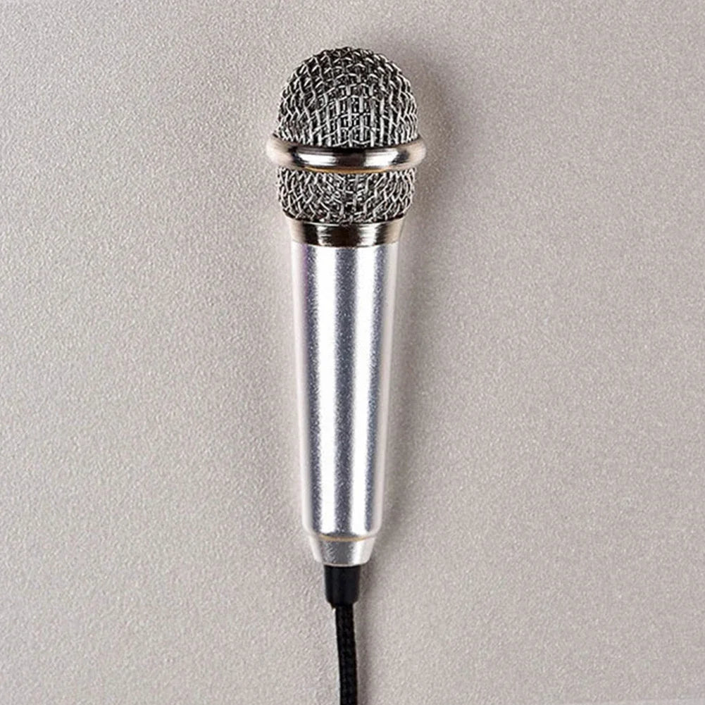 Silver wired stereo studio microphone with mesh grille and black cable for karaoke mini microfon and ktv use