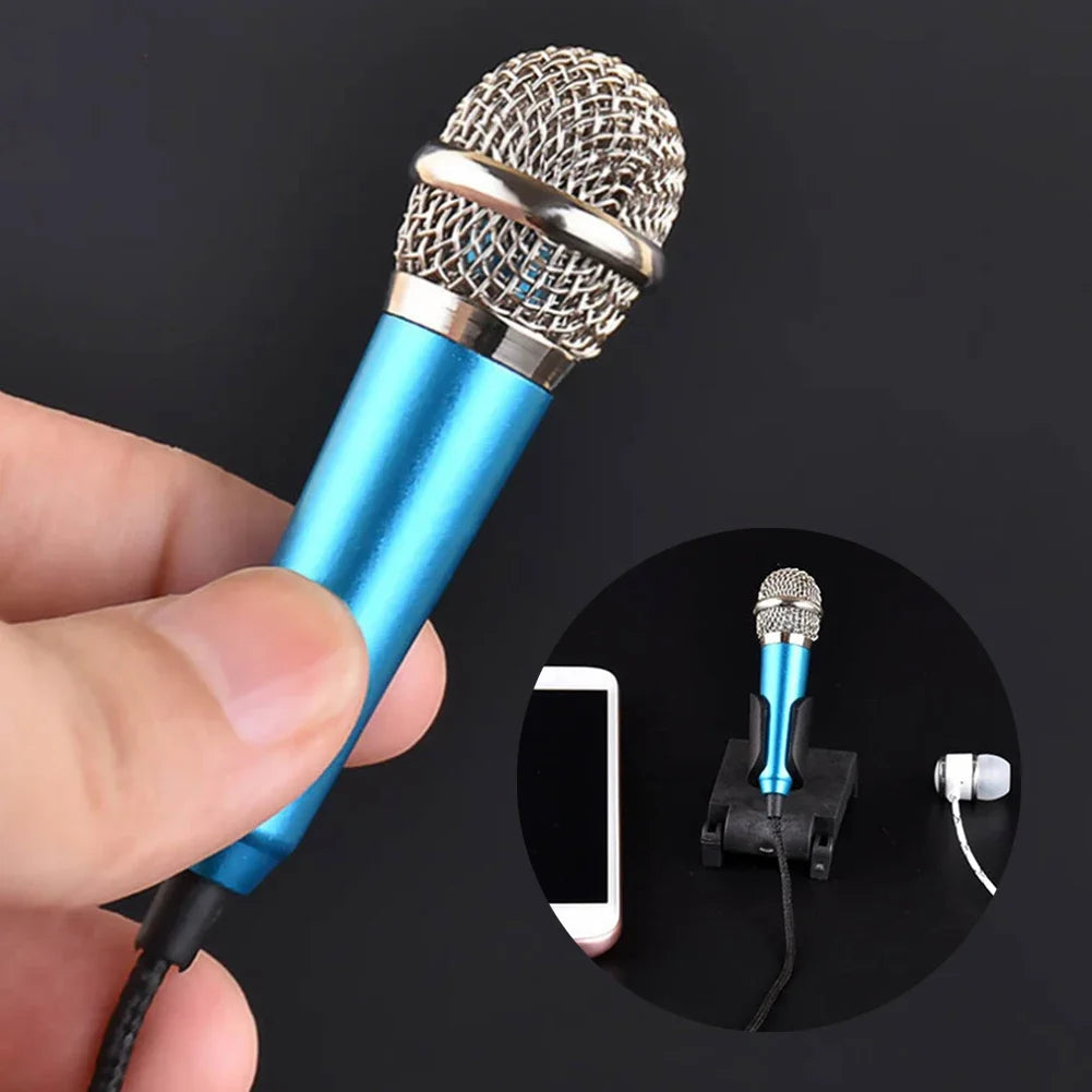 Blue wired 3.5mm stereo studio microphone earphone ktv with silver mesh grille and metallic accents for karaoke mini microfon use
