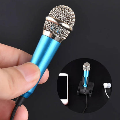 Blue wired 3.5mm stereo studio microphone earphone ktv with silver mesh grille and metallic accents for karaoke mini microfon use