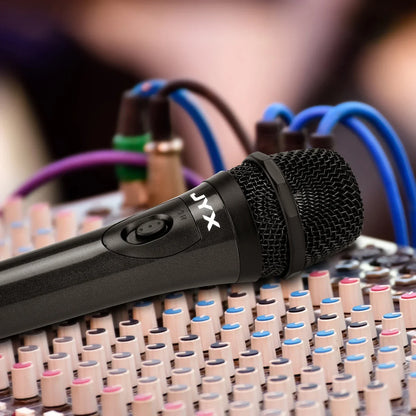 Black wired dynamic super-cardioid vocal microphone handheld with mesh grille and textured grip for live vocals karaoke