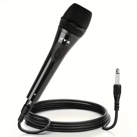 Black wired dynamic super-cardioid vocal microphone handheld with mesh grille and coiled cable for live vocals karaoke