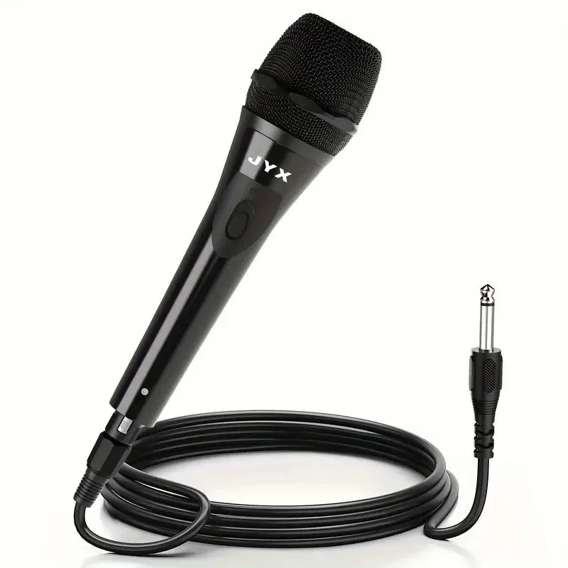 Black wired dynamic super-cardioid vocal microphone handheld with mesh grille and coiled cable for live vocals karaoke