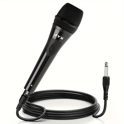 Black wired dynamic super-cardioid vocal microphone handheld with mesh grille and coiled cable for live vocals karaoke