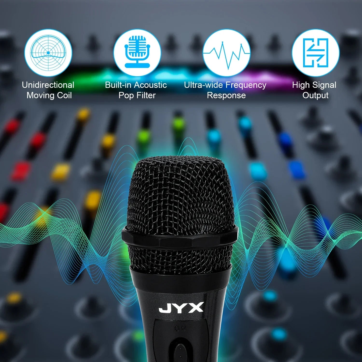 Black wired dynamic super-cardioid vocal microphone handheld with mesh grille for live vocals karaoke use