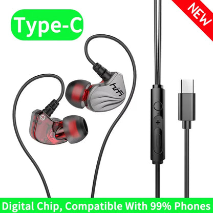 Silver and red hifi 6d surround wired earphones with type c in-ear cable for samsung huawei xiaomi and pc