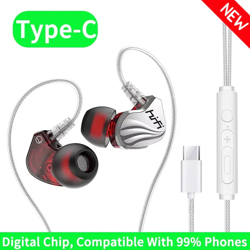 Silver and red inlayed wired type c in-ear hifi 6d surround bass earphones with transparent tips for gaming and music