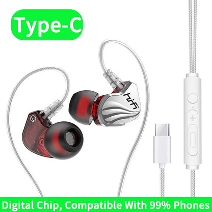 Red and silver wired type c in-ear hifi 6d surround earphones with surround bass and microphone for gaming and music