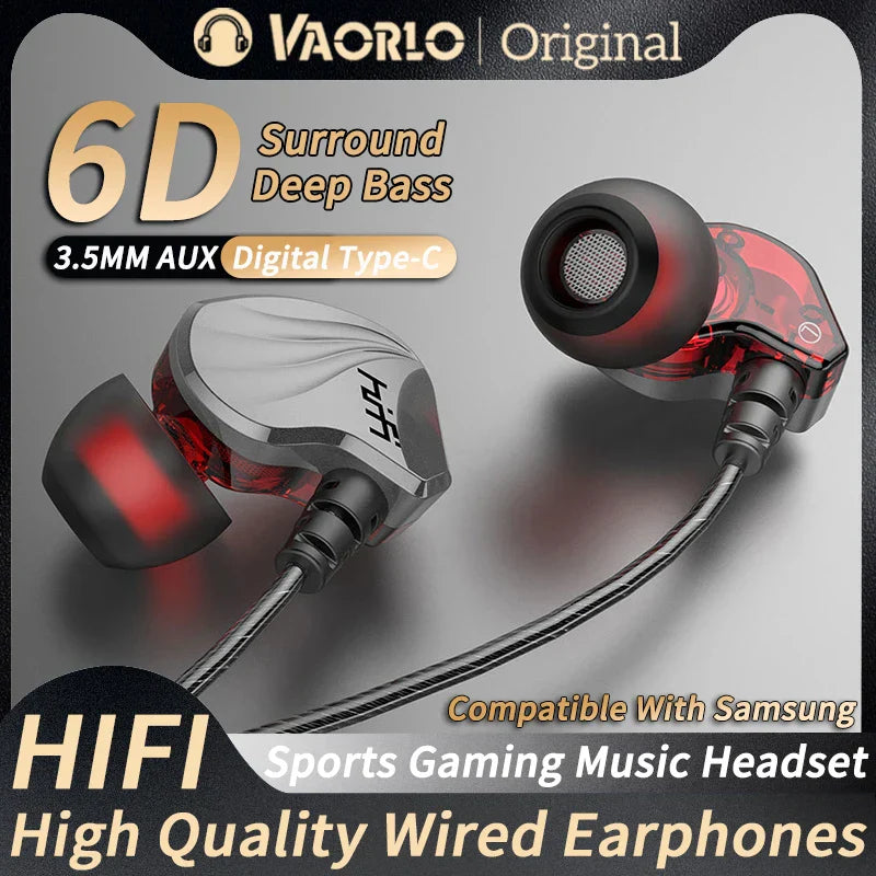 Red and silver vaorlo original wired earphones with transparent design hifi 6d surround bass type c in-ear for gaming and music