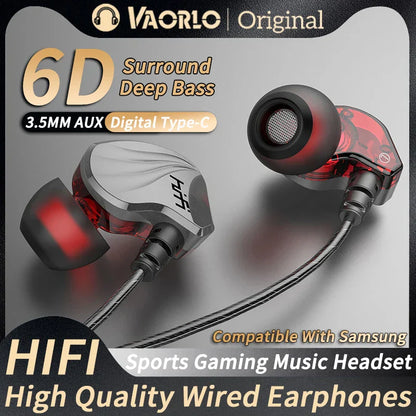 Red and silver vaorlo original wired earphones with transparent design hifi 6d surround bass type c in-ear for gaming and music