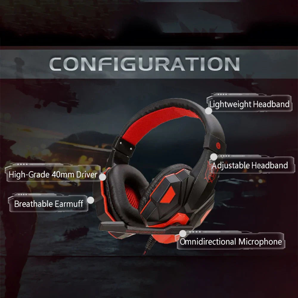 Black and red wired gaming headphones with adjustable microphone and lightweight headband for xbox smartphone and pc use