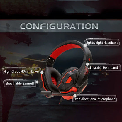 Black and red wired gaming headphones with adjustable microphone and breathable earcups for PS5 Xbox smartphone use