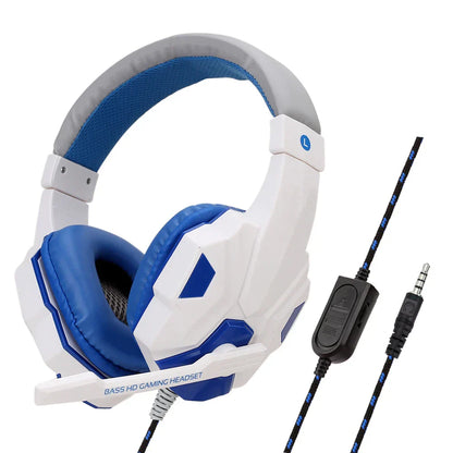 White and blue wired gaming headphones with adjustable microphone and padded earcups for ps5 xbox smartphone use