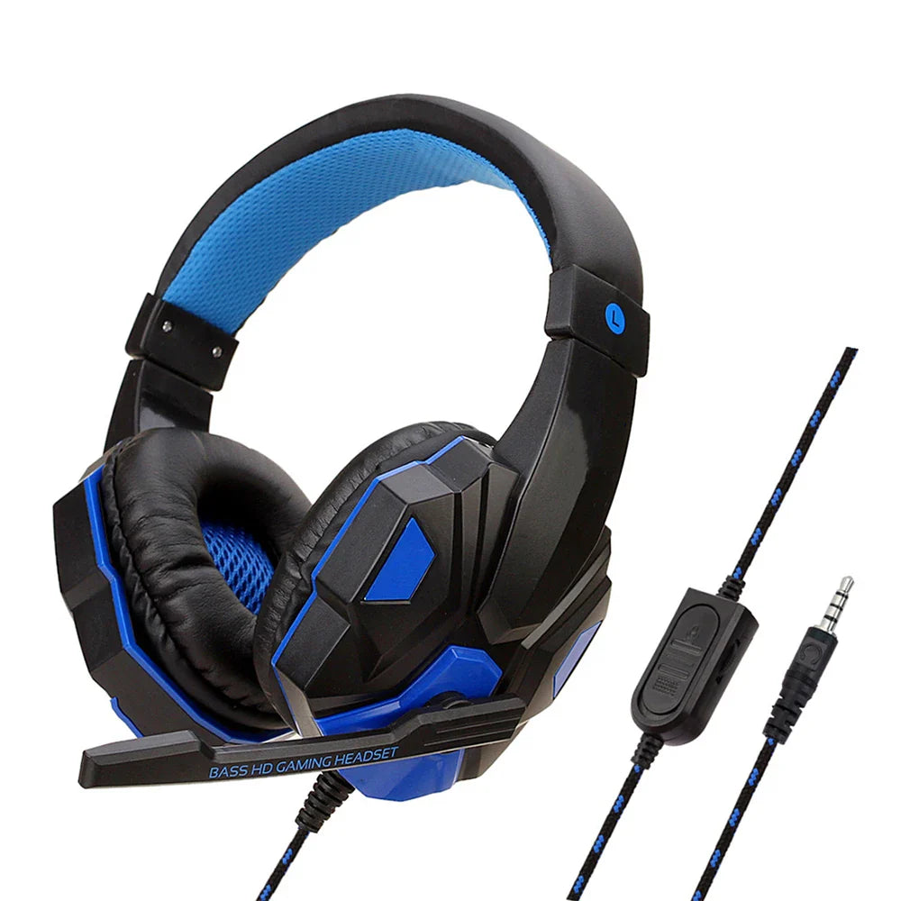 Black and blue wired gaming headsets with padded ear cups and 120° adjustable noise cancelling microphone for xbox smartphone and pc use