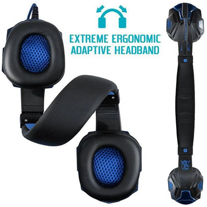 Black and blue wired gaming headsets with flexible headband and mesh earcups for xbox smartphone and pc gamers