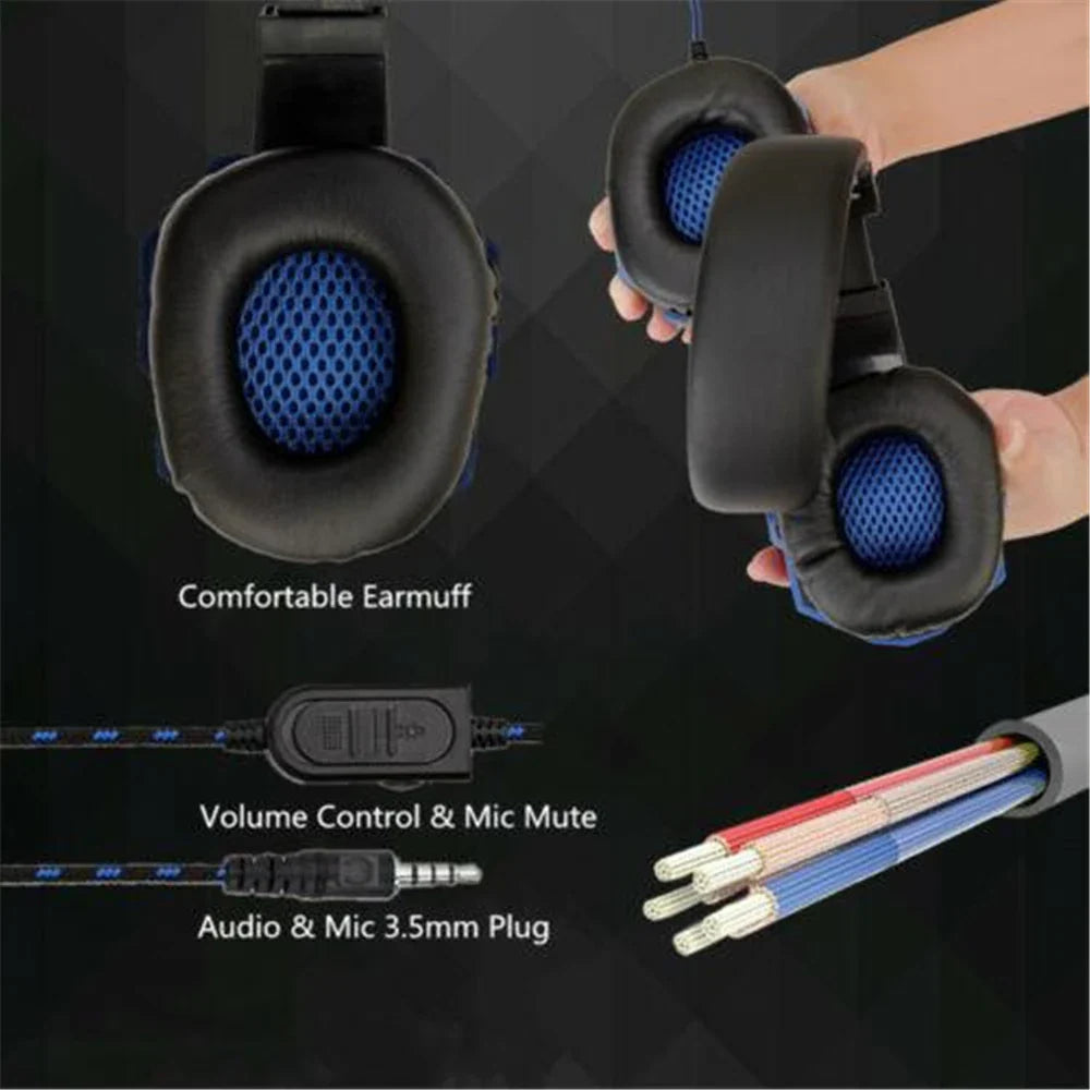 Black wired gaming headsets with blue mesh earcups and 120° adjustable noise cancelling microphone for xbox smartphone and pc
