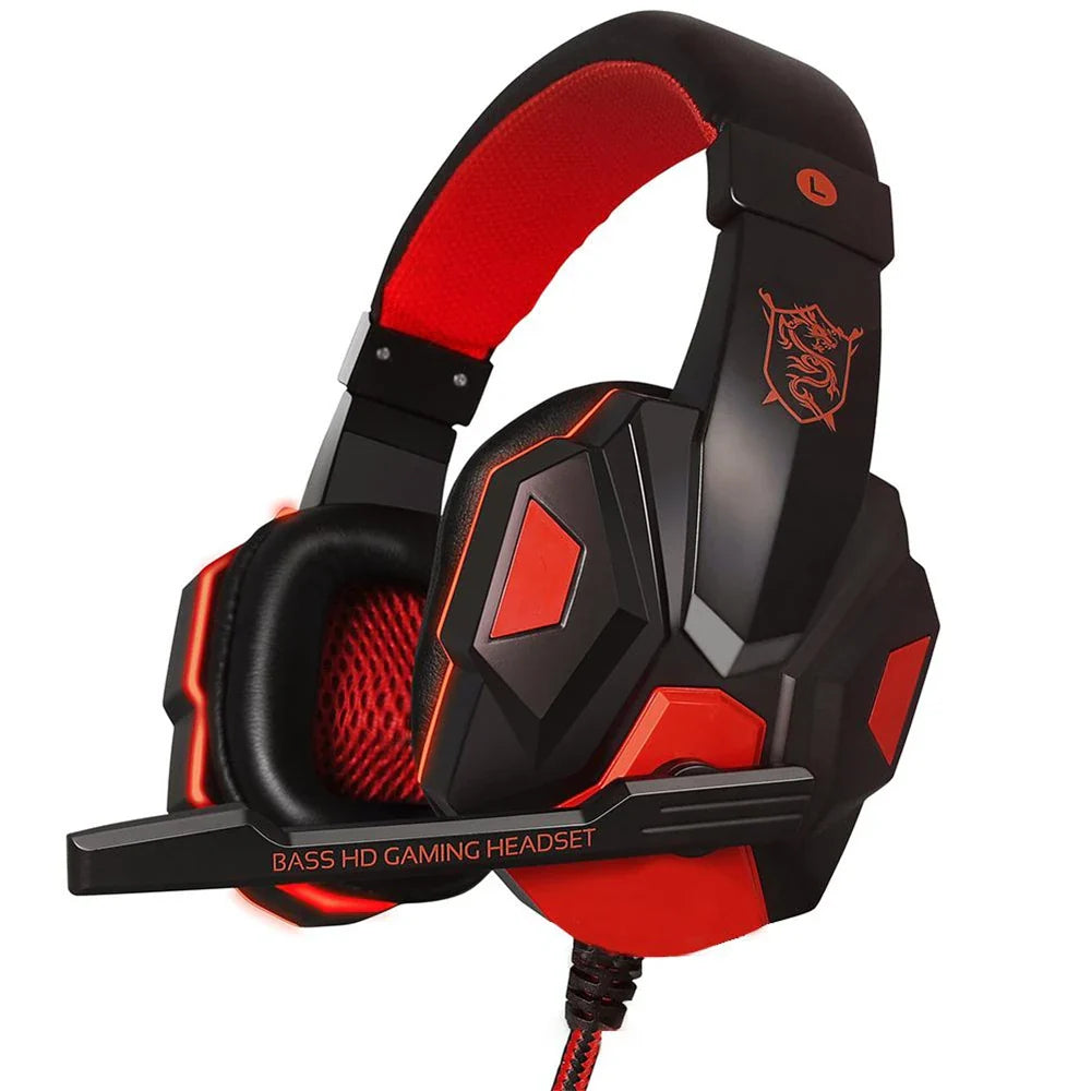 Black and red wired gaming headsets with angular design, illuminated accents, and dragon emblem for xbox smartphone and pc use