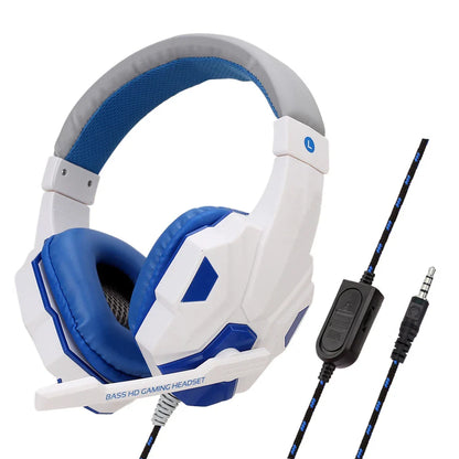 White and blue wired gaming headsets with padded earcups 120 degree adjustable noise cancelling microphone for xbox smartphone and pc
