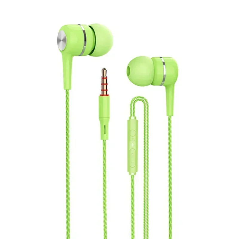 Lime green wired sport earbuds with silver accents braided cable bass phone earphones and mic volume control