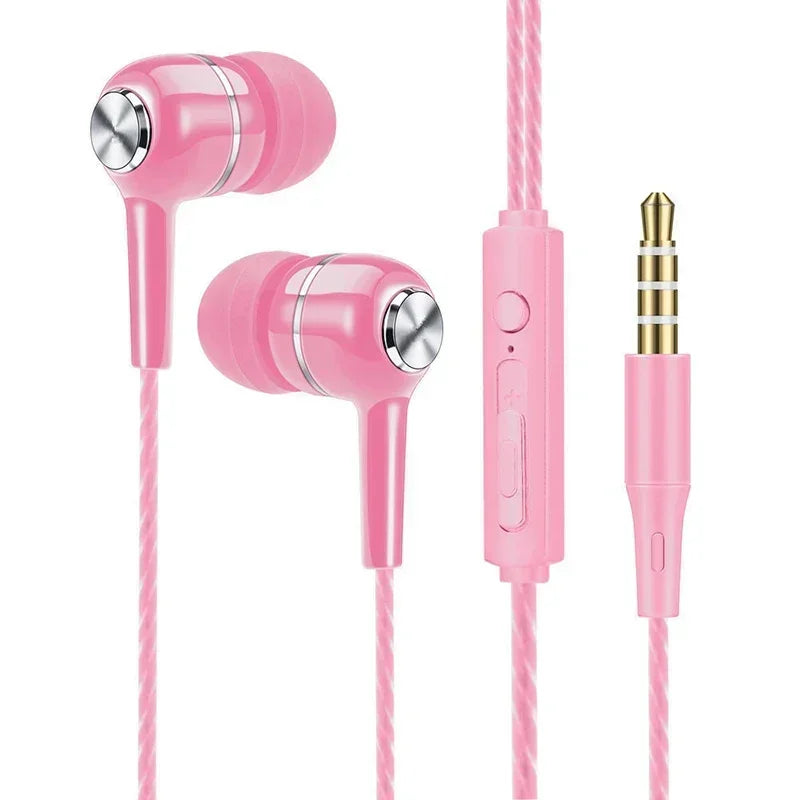 Pink wired sport earbuds with silver accents and braided cable featuring mic volume control for bass phone earphones