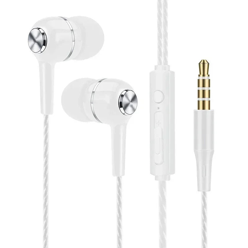 White wired headphones with mic volume control silver buttons braided cable and gold bass phone earphones sport earbuds