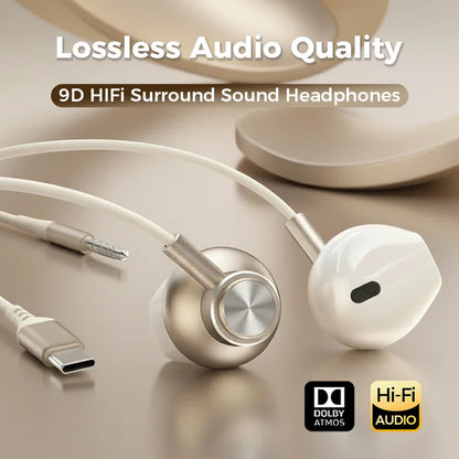 White and silver sleek wired earphones with metallic driver housing featuring wire control earplugs for iphone galaxy s25 s24 s23 s22