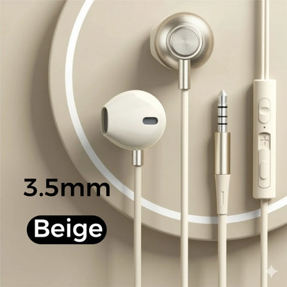 Beige wired headphones with 3.5mm jack and wire control earplugs for iphone galaxy s25 s24 s23 s22 with metallic accents