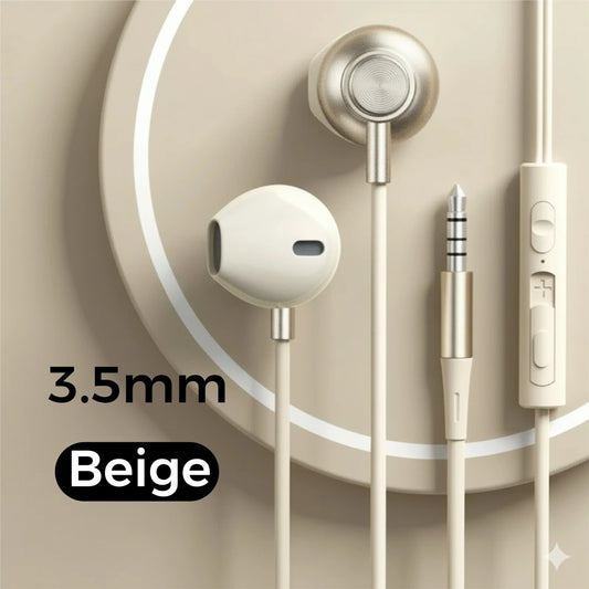 Beige wired headphones with 3.5mm jack and wire control earplugs for iphone galaxy s25 s24 s23 s22 with metallic accents