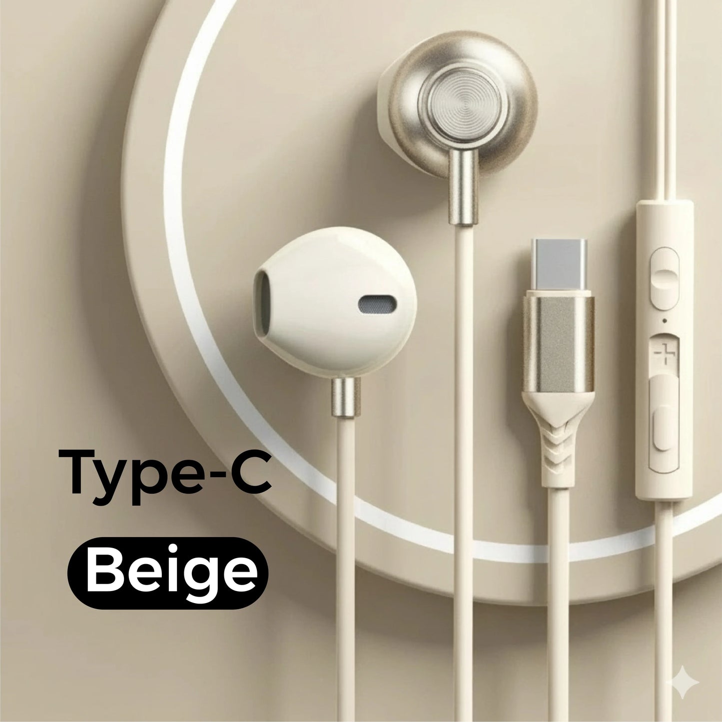 Beige in-ear wired headphones with metallic silver accents and type-c cable wire control earplugs for iphone galaxy s25 s24 s23 s22