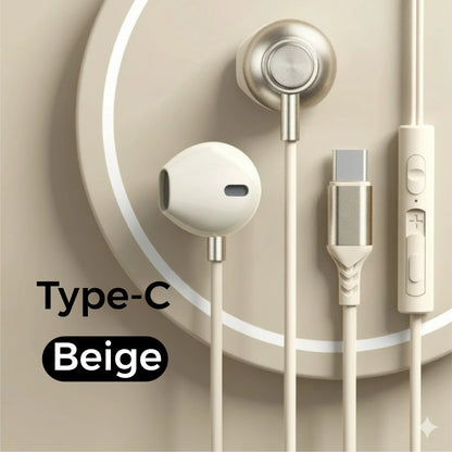 Beige in-ear wired headphones with metallic silver accents and type-c cable wire control earplugs for iphone galaxy s25 s24 s23 s22