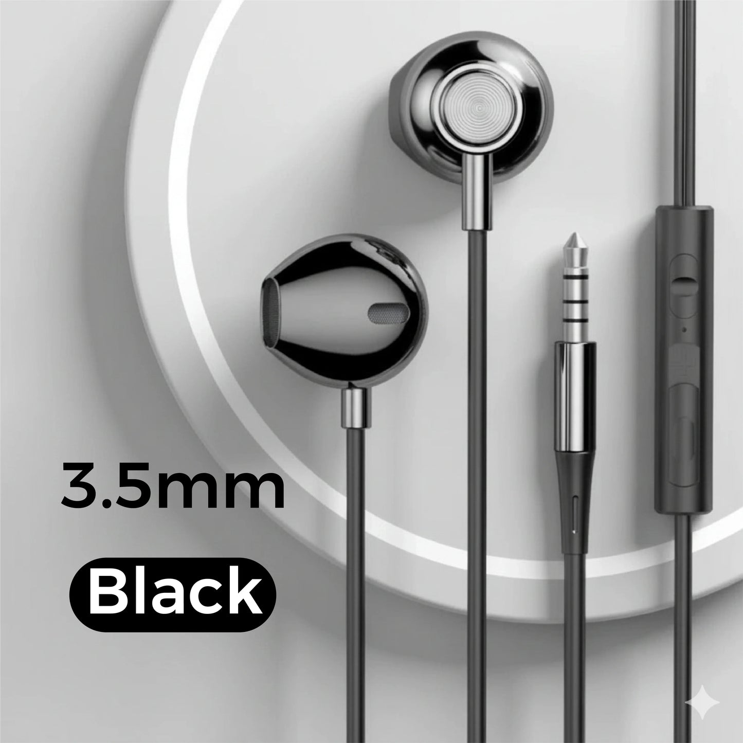 Black in-ear wired headphones with metallic finish and wire control earplugs for iphone galaxy s25 s24 s23 s22