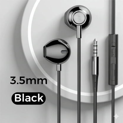 Black in-ear wired headphones with metallic finish and wire control earplugs for iphone galaxy s25 s24 s23 s22