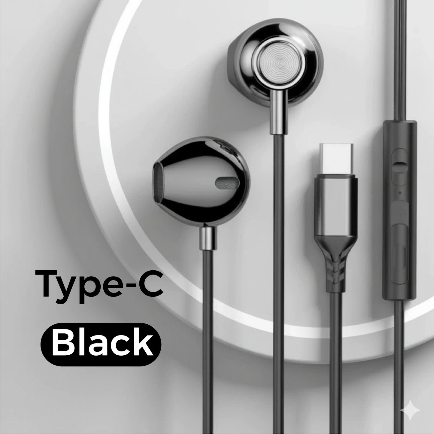 Black type-c wired headphones with sleek metallic finish and wire control earplugs for iphone galaxy s25 s24 s23 s22