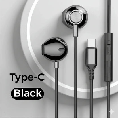 Black type-c wired headphones with sleek metallic finish and wire control earplugs for iphone galaxy s25 s24 s23 s22