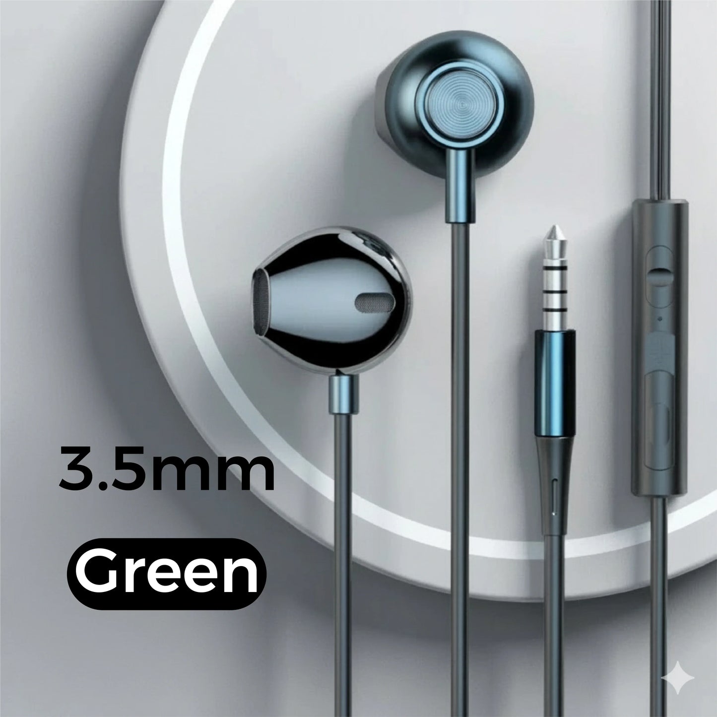Green 3.5mm wired headphones with metallic finish and wire control earplugs for iphone galaxy s25 s24 s23 s22