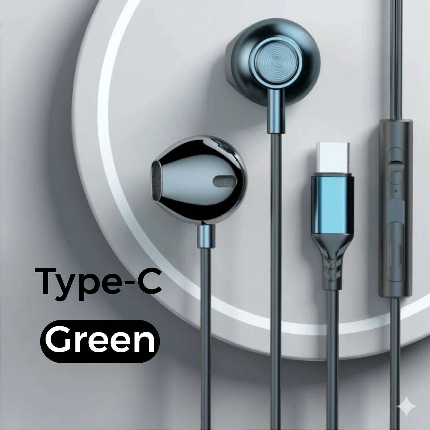 Green wired headphones with metal finishes and wire control earplugs compatible with iphone galaxy s25 s24 s23 s22