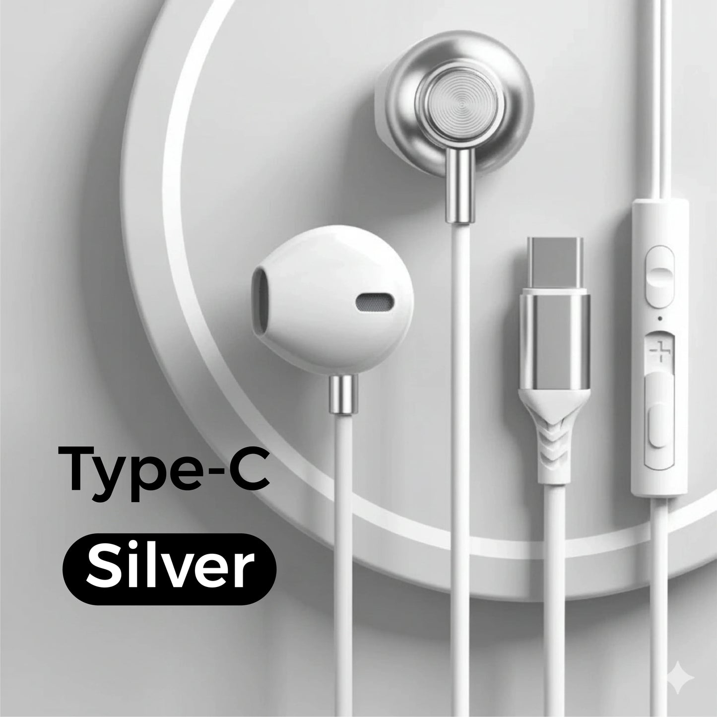 Silver wired headphones with 9d hifi surround sound wire control earplugs and type c for iphone galaxy s25 s24 s23 s22