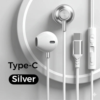 Silver wired headphones with 9d hifi surround sound wire control earplugs and type c for iphone galaxy s25 s24 s23 s22