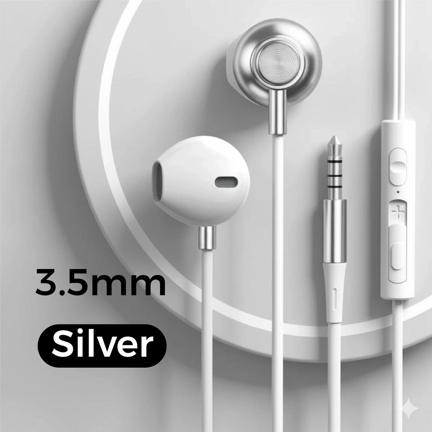 Silver in-ear wired headphones with wire control earplugs and white cable compatible with iphone galaxy s25 s24 s23 s22