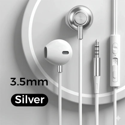 Silver in-ear wired headphones with wire control earplugs and white cable compatible with iphone galaxy s25 s24 s23 s22