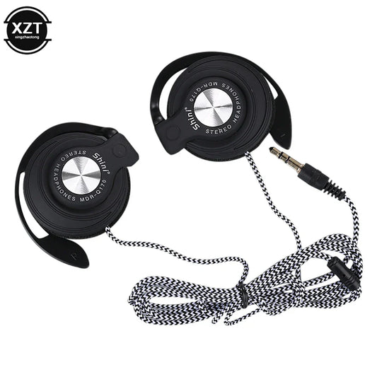 Black shiny wired headphones hifi with silver center and black and white checkered cable featuring adjustable ear hook