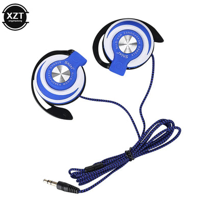 Blue and white wired headphones hifi with silver accents featuring adjustable ear hook and hifi heavy bass design