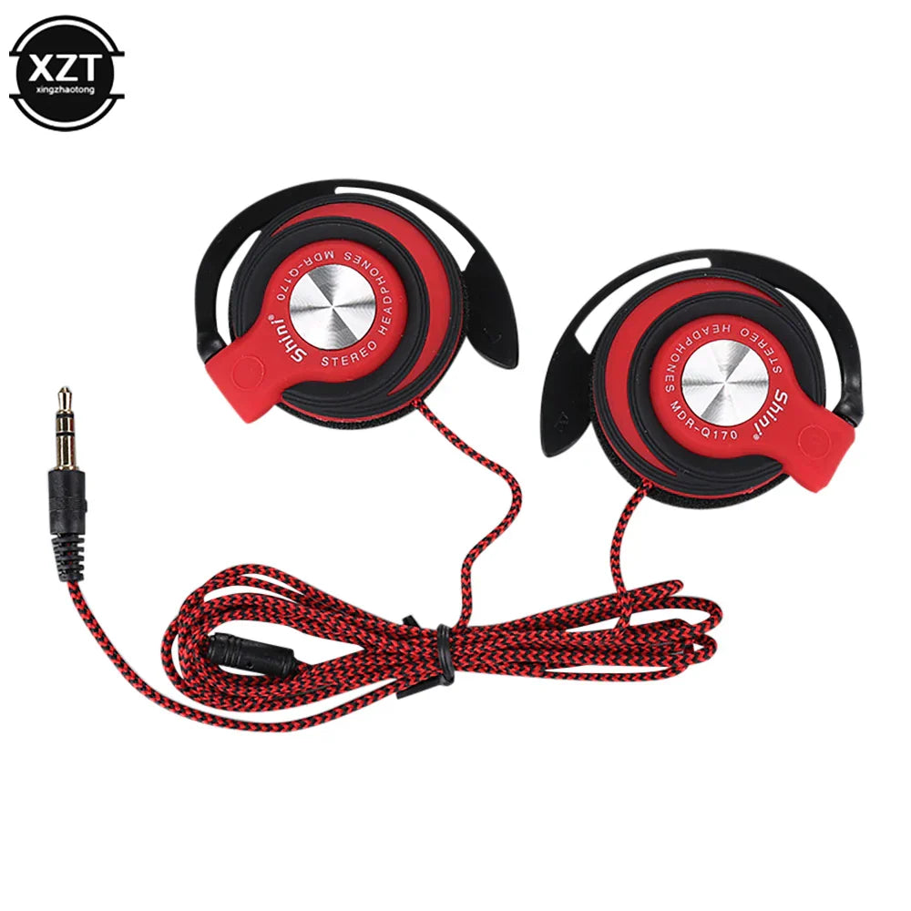 Red and black wired headphones hifi with silver center and braided red cable featuring adjustable ear hook and heavy bass