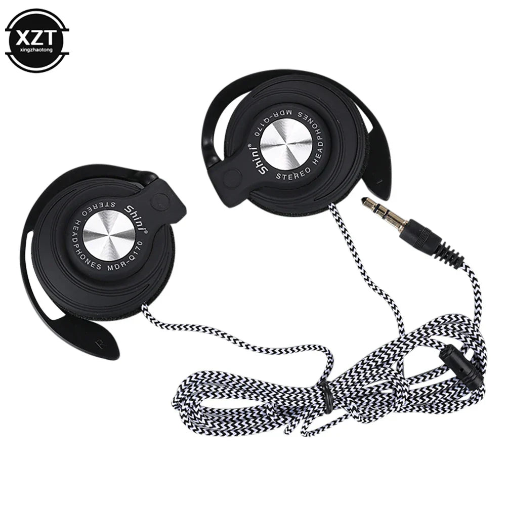 Black wired headphones hifi with silver center, black and white checkered cable, and adjustable ear hook for heavy bass