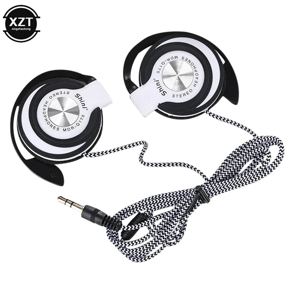 Black and white wired headphones hifi with silver metallic center and adjustable ear hook for heavy bass music use